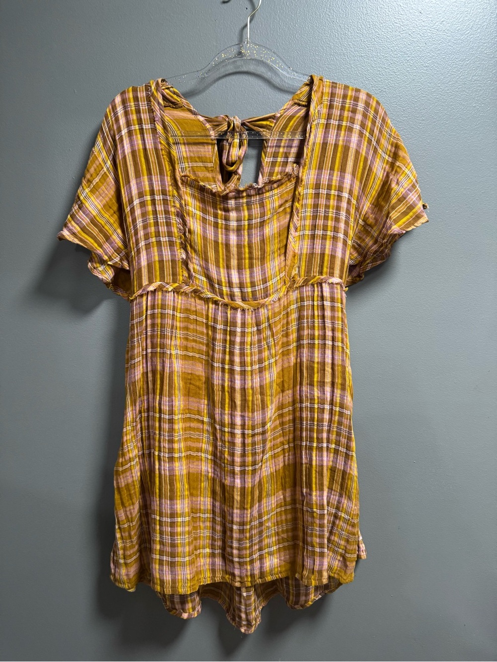 By Anthropologie Yellow Plaid Gauzy Tie-Back Mini Tunic Dress Casual S